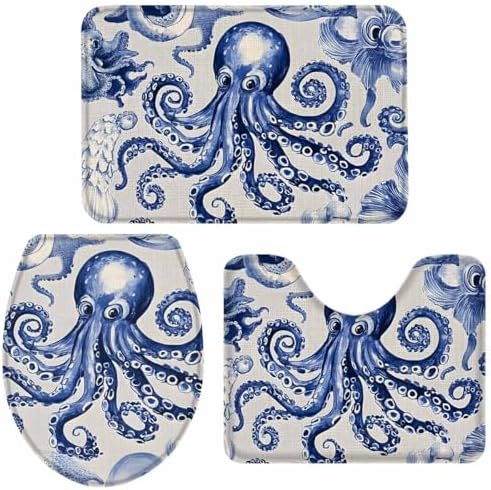 Wotrend Octopus 3 Piece Bath Rug Set Navy Blue