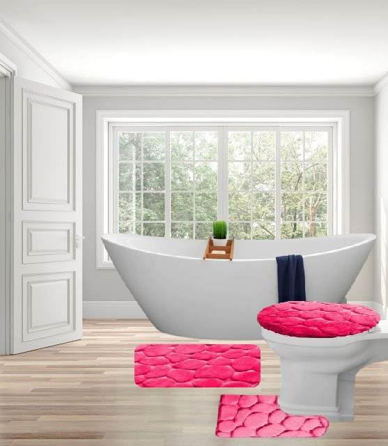 3 Piece Memory Foam Bathroom Rug Set Rock Stone Design Hot Pink