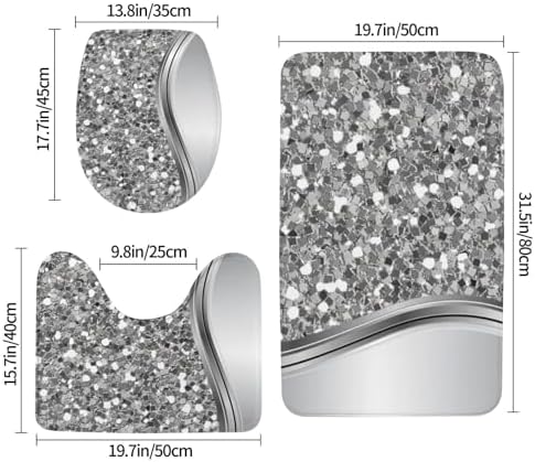 CLaLoc 3-Piece Silver Faux Glitter Bathroom Rug Set