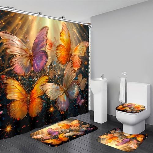 4Pcs Gold Butterfly Shower Curtain Set with Mats and Hooks