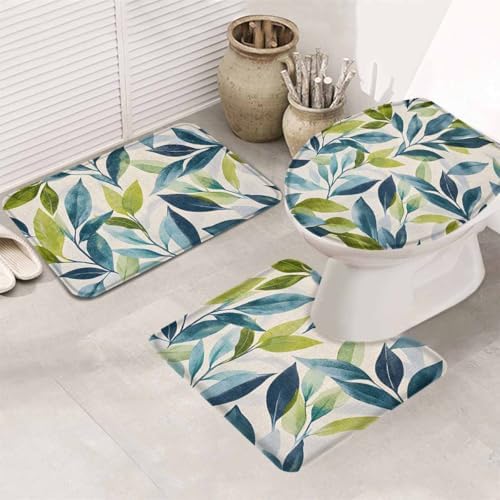 Wotrend Spring 3 Piece Bath Rug Set with Green Blue Leaves Linen Texture