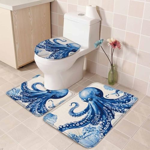 Wotrend Octopus Bath Rug Set 3 Pieces Tentacles Blue