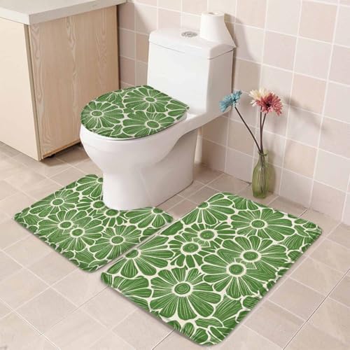 Wotrend Spring 3 Piece Bath Rug Set Floral Green Linen Texture