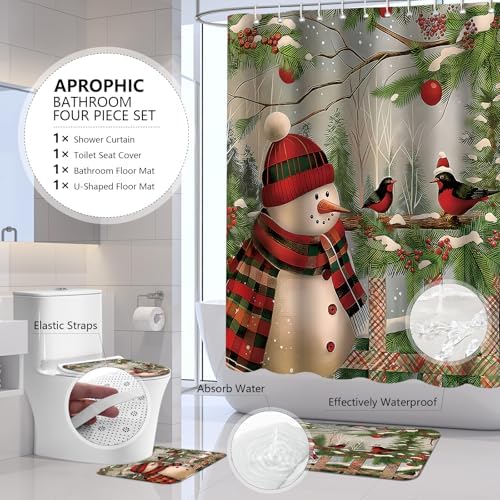 APROPHIC Christmas Snowman Shower Curtain Set with Rugs and Hooks 1