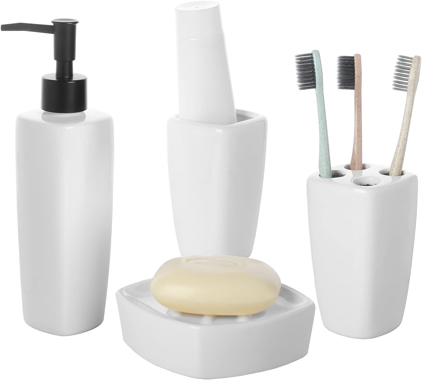 MyGift 4 Piece Modern White Ceramic Bathroom Set