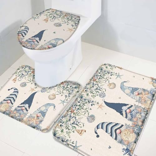 Wotrend Summer 3 Piece Bath Rug Set Ocean Blue Gnome Starfish