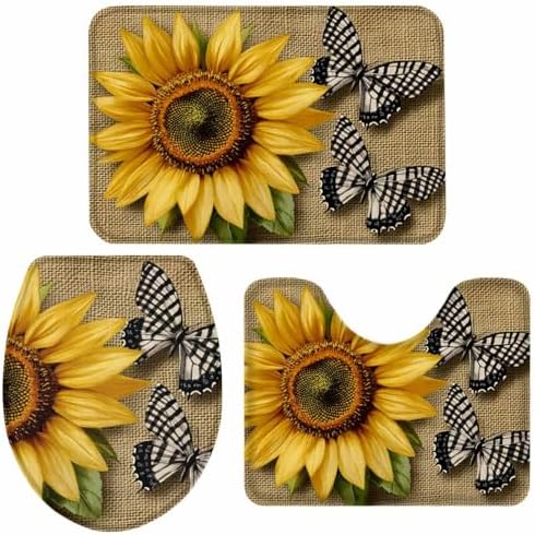 Wotrend Floral Bath Rug Set with Sunflowers and Butterfly Design