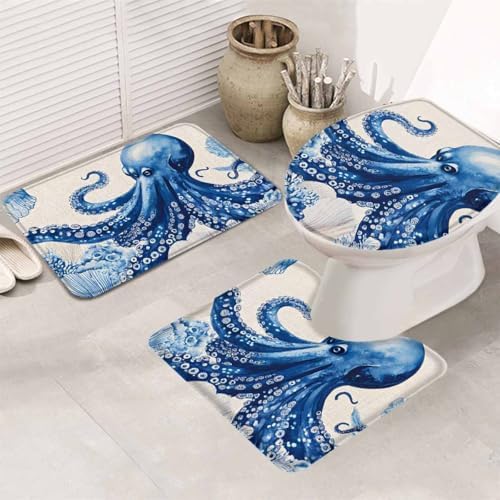 Wotrend Octopus Bath Rug Set 3 Pieces Tentacles Blue