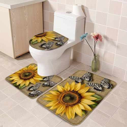 Wotrend Floral Bath Rug Set with Sunflowers and Butterfly Design