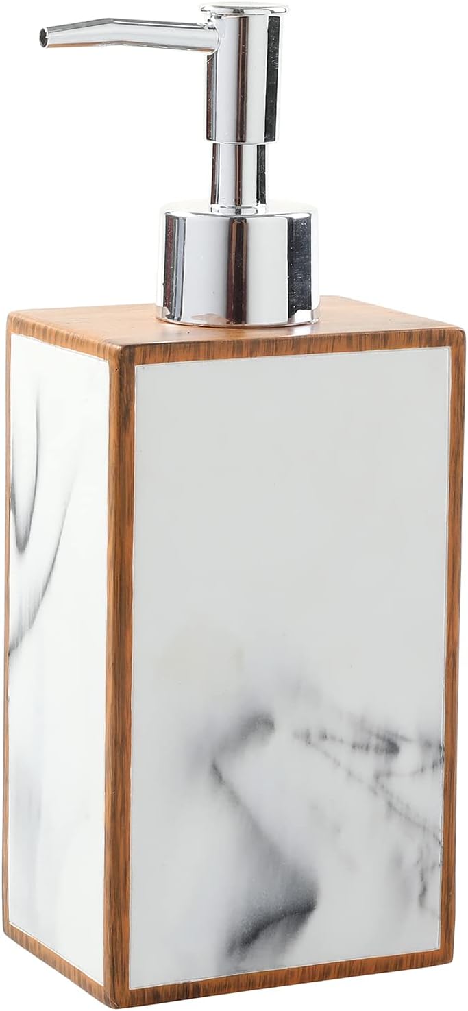MyGift 4 Piece Bathroom Accessories Set with Marble Design and Wood Trim