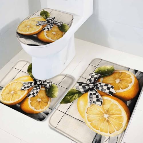 Wotrend Lemon 3 Piece Bath Rug Set with Black Plaid Linen Texture