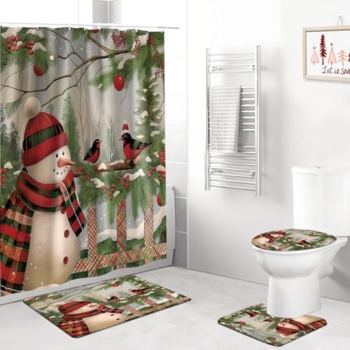 APROPHIC Christmas Snowman Shower Curtain Set with Rugs and Hooks 1