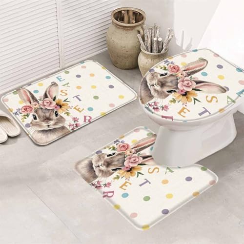 Wotrend Easter 3 Piece Bath Rug Set with Wreath Rabbit Design