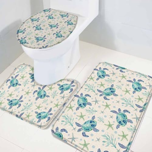 Wotrend Ocean 3 Piece Bath Rug Set with Non-Slip Mats
