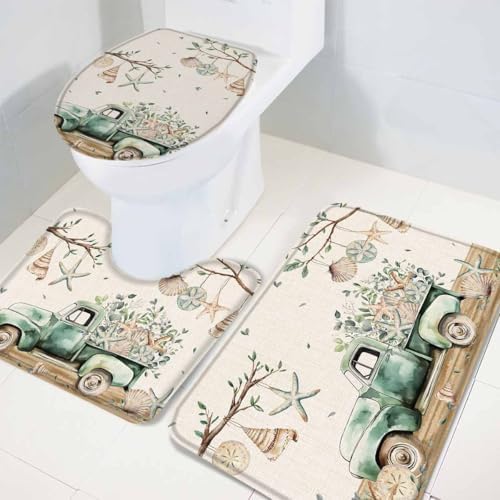 Wotrend Summer 3 Piece Bath Rug Set with Green Truck Starfish Pattern