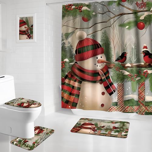 APROPHIC Christmas Snowman Shower Curtain Set with Rugs and Hooks 1