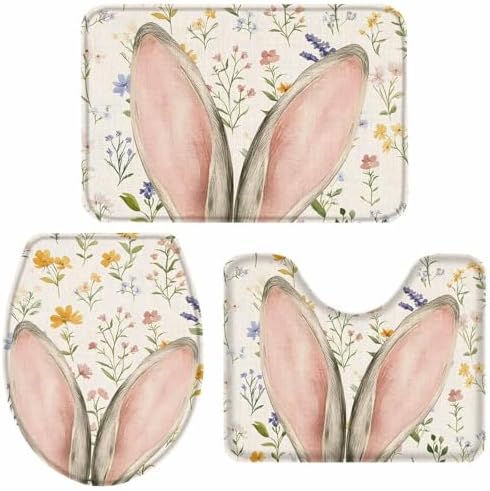 Wotrend Easter 3 Piece Bath Rug Set with Rabbit Ears and Wildflowers 1