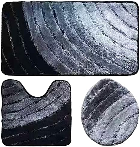 BH Home Linen 3 Pcs Shaggy Geometric Striped Bath Rug Set