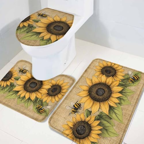 Wotrend Floral 3-Piece Bath Rug Set with Sunflowers and Butterfly Design