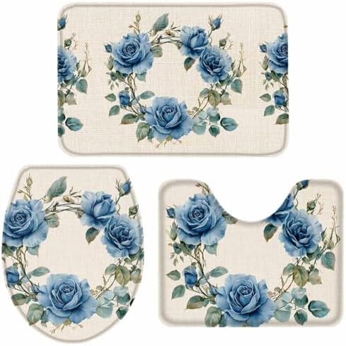 Wotrend Farmhouse Blue Rose Bath Rug Set 3 Piece
