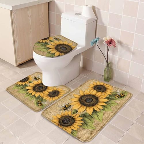 Wotrend Floral 3-Piece Bath Rug Set with Sunflowers and Butterfly Design