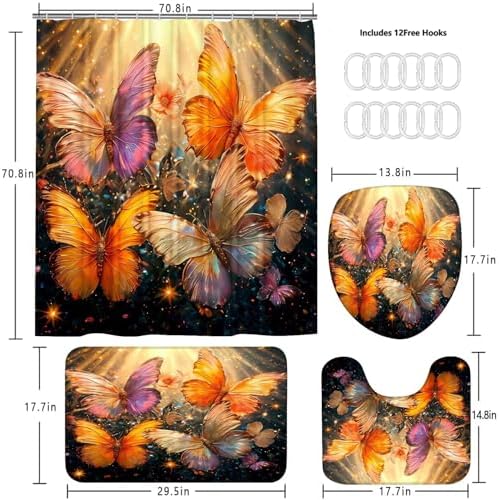 4Pcs Gold Butterfly Shower Curtain Set with Mats and Hooks