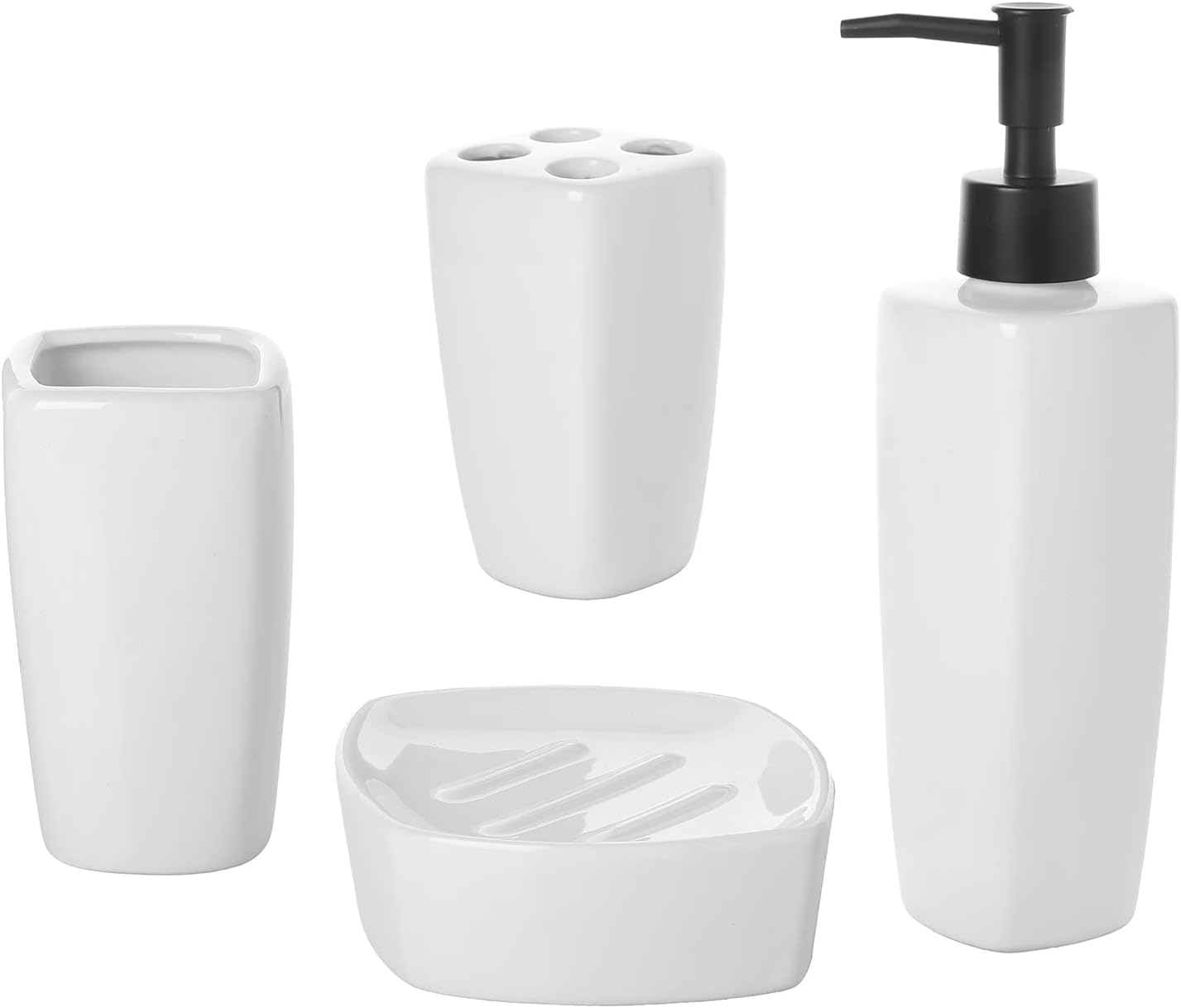 MyGift 4 Piece Modern White Ceramic Bathroom Set