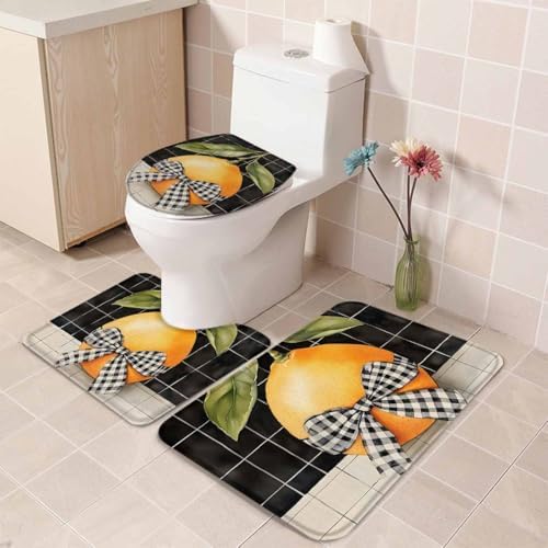 Wotrend Lemon 3 Piece Bath Rug Set with Checked Plaid Linen Texture
