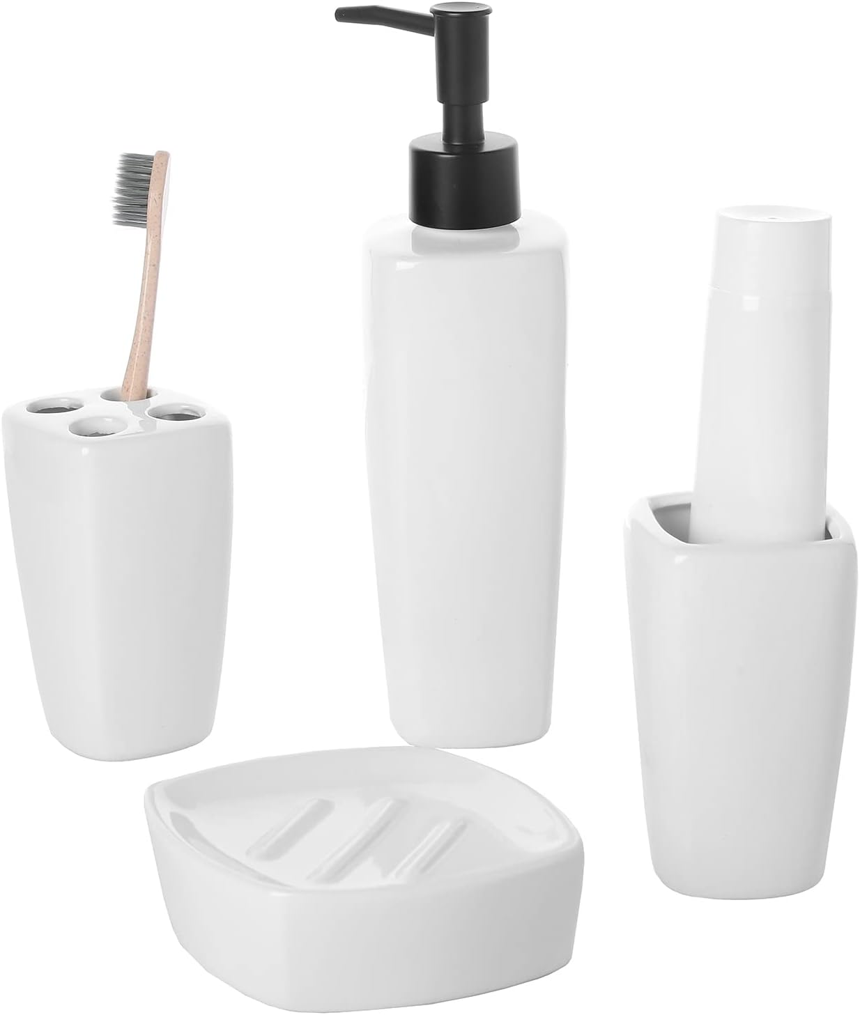 MyGift 4 Piece Modern White Ceramic Bathroom Set