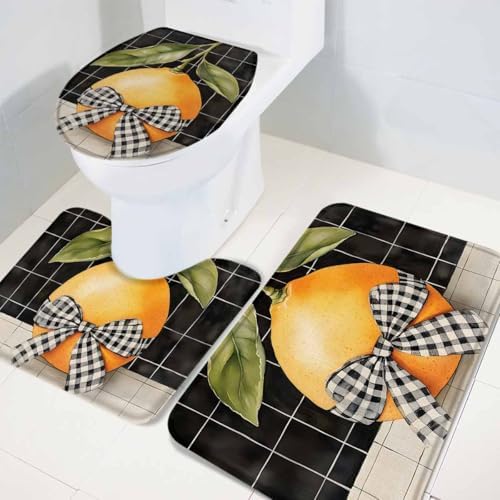 Wotrend Lemon 3 Piece Bath Rug Set with Checked Plaid Linen Texture