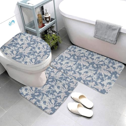 Linen Texture Leaf Bathroom Rug Set 3 Piece Non-Slip