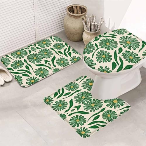 Wotrend 3 Piece Bath Rug Set Green Flower Linen Texture 1