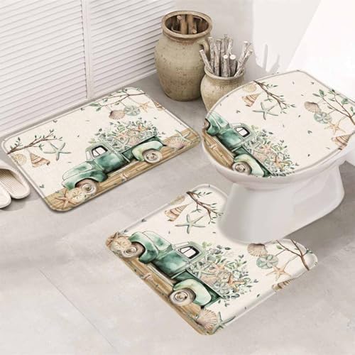 Wotrend Summer 3 Piece Bath Rug Set with Green Truck Starfish Pattern