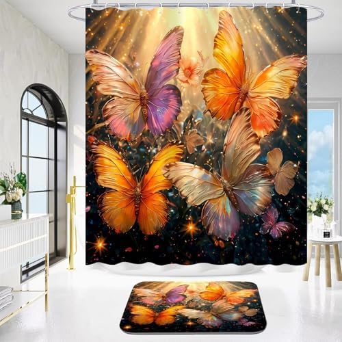 4Pcs Gold Butterfly Shower Curtain Set with Mats and Hooks