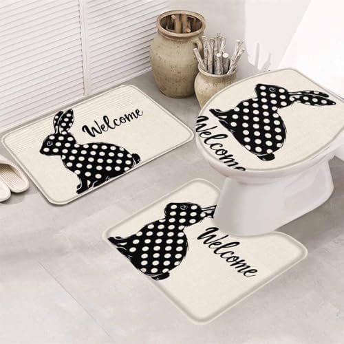 Wotrend Easter 3 Piece Bath Rug Set with Polka Dot Rabbit Design