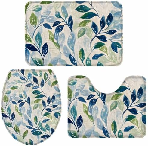 Wotrend Plant 3 Piece Bath Rug Set with Green Blue Leaves Linen Texture