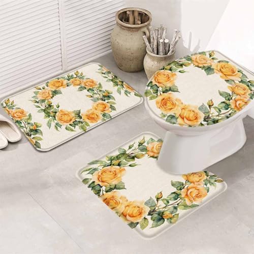 Wotrend 3-Piece Bath Rug Set Farmhouse Yellow Rose Wreath Linen Texture Mats