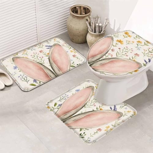 Wotrend Easter 3 Piece Bath Rug Set with Rabbit Ears and Wildflowers 1
