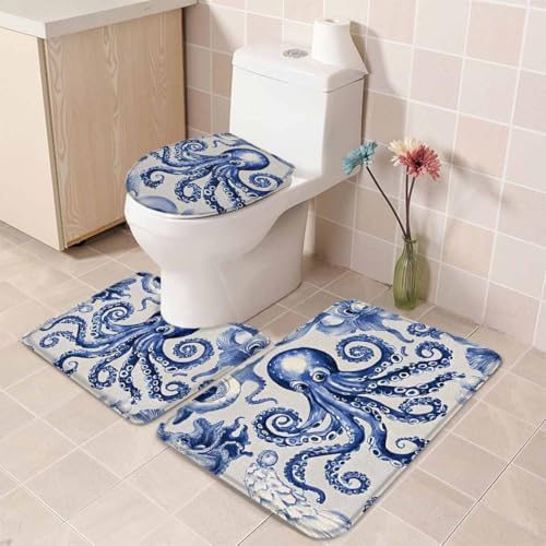 Wotrend Octopus 3 Piece Bath Rug Set Navy Blue
