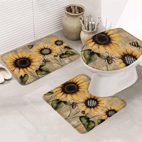 Wotrend Floral Bath Rug Set with Sunflowers Pattern