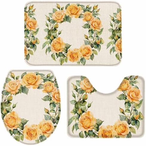 Wotrend 3-Piece Bath Rug Set Farmhouse Yellow Rose Wreath Linen Texture Mats