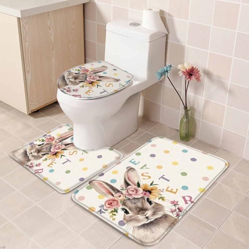 Wotrend Easter 3 Piece Bath Rug Set with Wreath Rabbit Design
