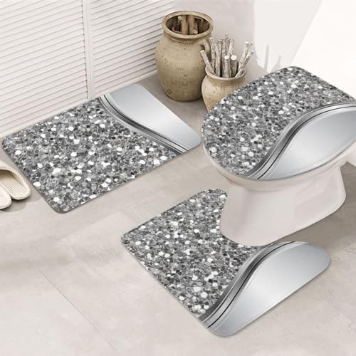 CLaLoc 3-Piece Silver Faux Glitter Bathroom Rug Set