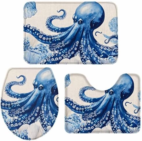 Wotrend Octopus Bath Rug Set 3 Pieces Tentacles Blue
