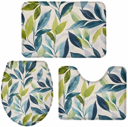 Wotrend Spring 3 Piece Bath Rug Set with Green Blue Leaves Linen Texture