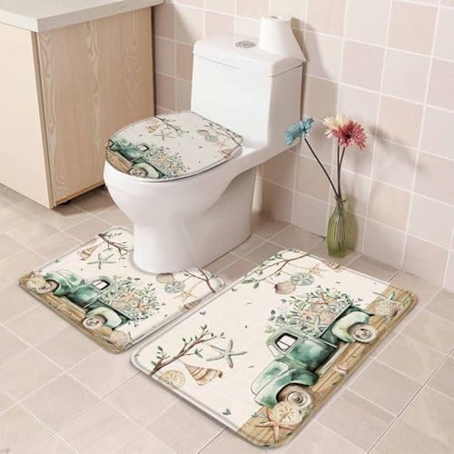 Wotrend Summer 3 Piece Bath Rug Set with Green Truck Starfish Pattern