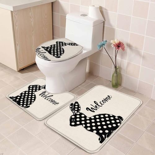 Wotrend Easter 3 Piece Bath Rug Set with Polka Dot Rabbit Design