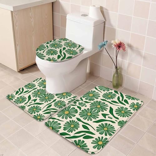 Wotrend 3 Piece Bath Rug Set Green Flower Linen Texture 1