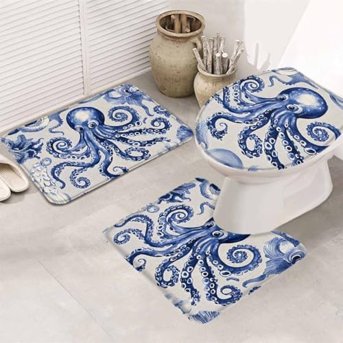 Wotrend Octopus 3 Piece Bath Rug Set Navy Blue