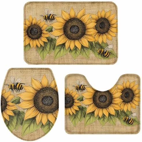Wotrend Floral 3-Piece Bath Rug Set with Sunflowers and Butterfly Design
